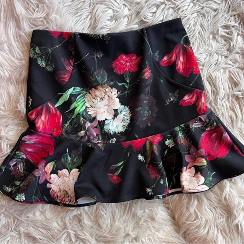 Express red floral peplum hem mini skirt